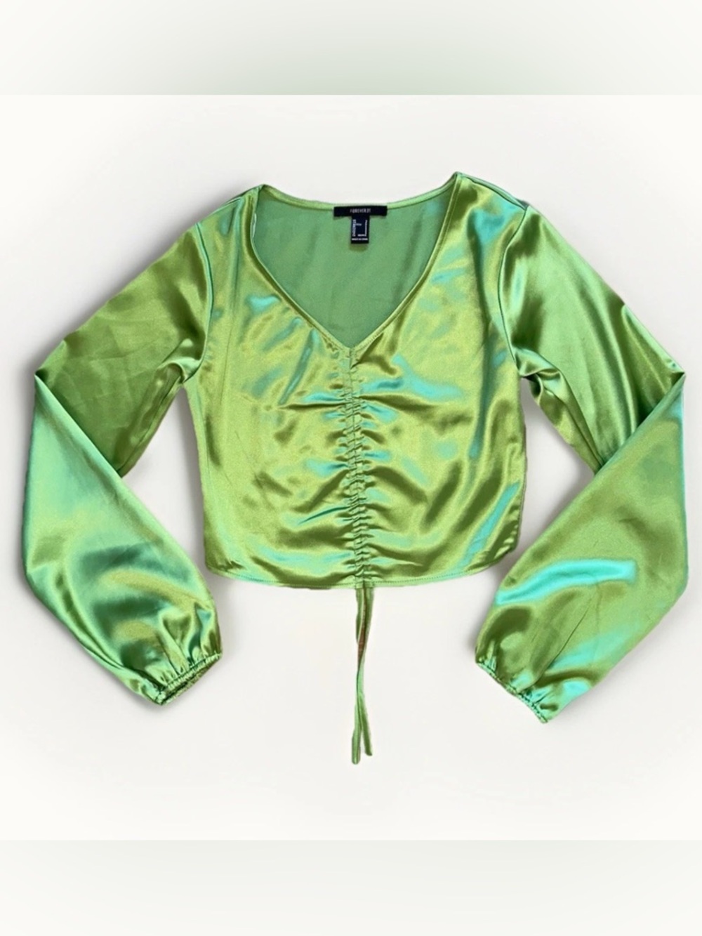 Women Sz S F21 Solid Green Flared Long Sleeve Shirt Lace Up Satin Style Cropped